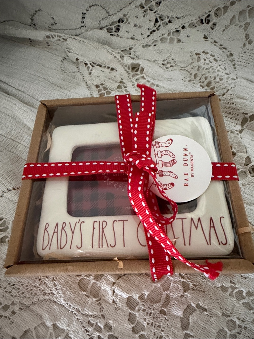 Rae Dunn White 'Baby's First Christmas' Ceramic Ornament with Red Ribbon
